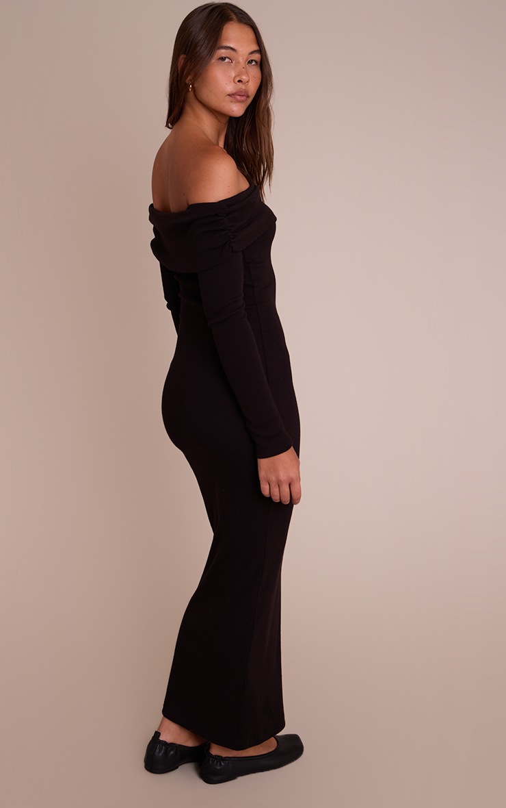 Pretty Little Thing Black Ribbed Fold Over Bardot Long Sleeve Maxi Dress