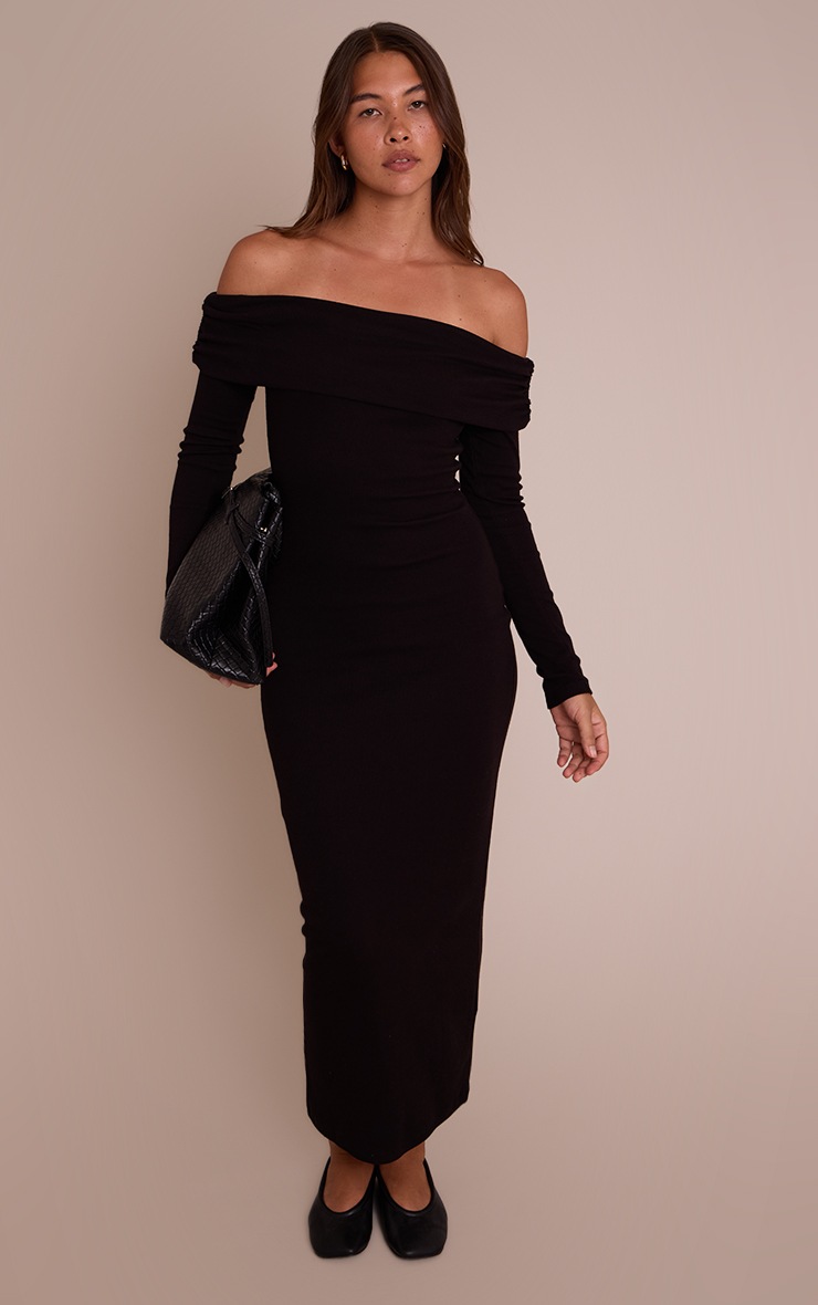 Pretty Little Thing Black Ribbed Fold Over Bardot Long Sleeve Maxi Dress