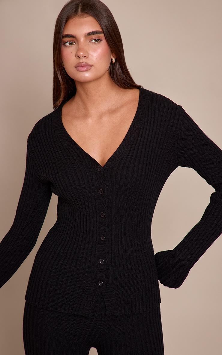 Pretty Little Thing Black Ribbed Knitted Long Sleeve Button Down Cardigan