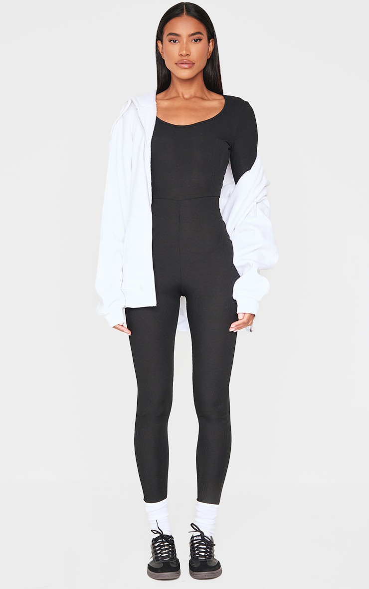 Pretty Little Thing Black Ribbed Long Sleeve Scoop Neck Jumpsuit