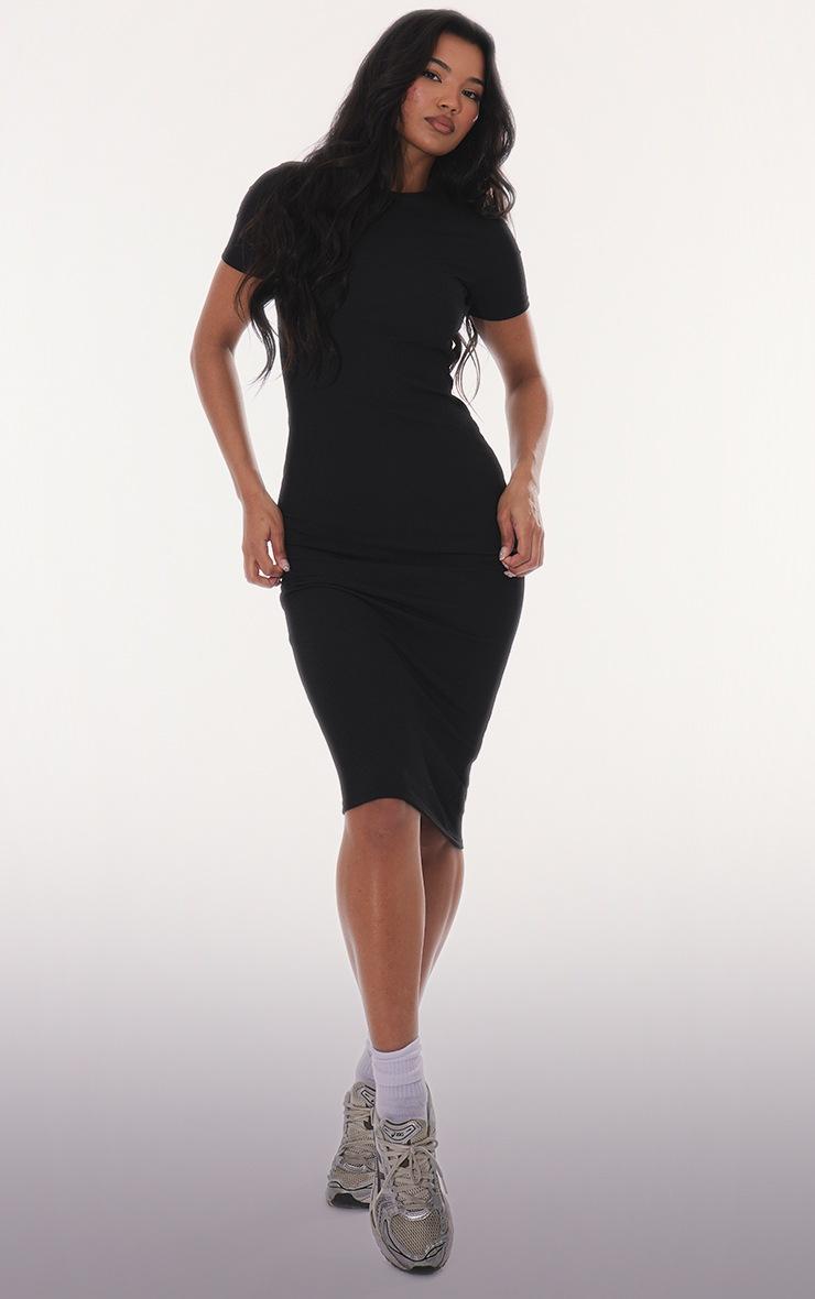 Pretty Little Thing Black Ribbed Short Sleeve Crew Neck Midi Dress