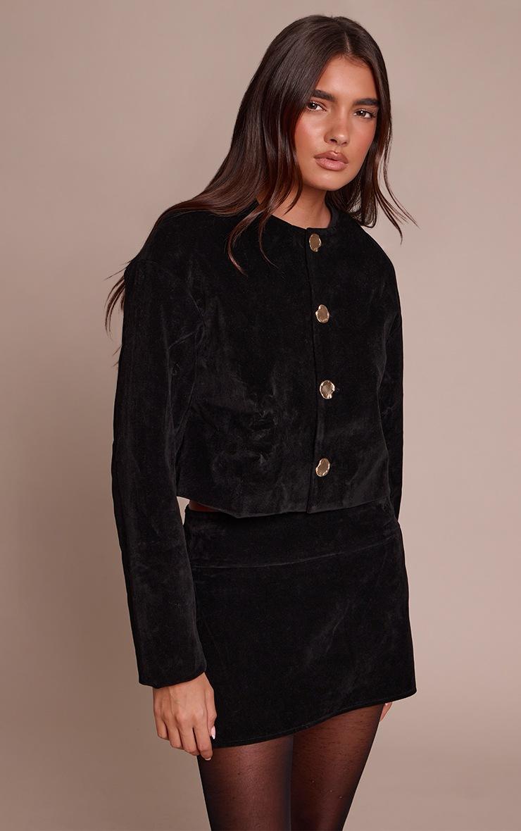 Pretty Little Thing Black Round Neck Gold Button Suede Jacket