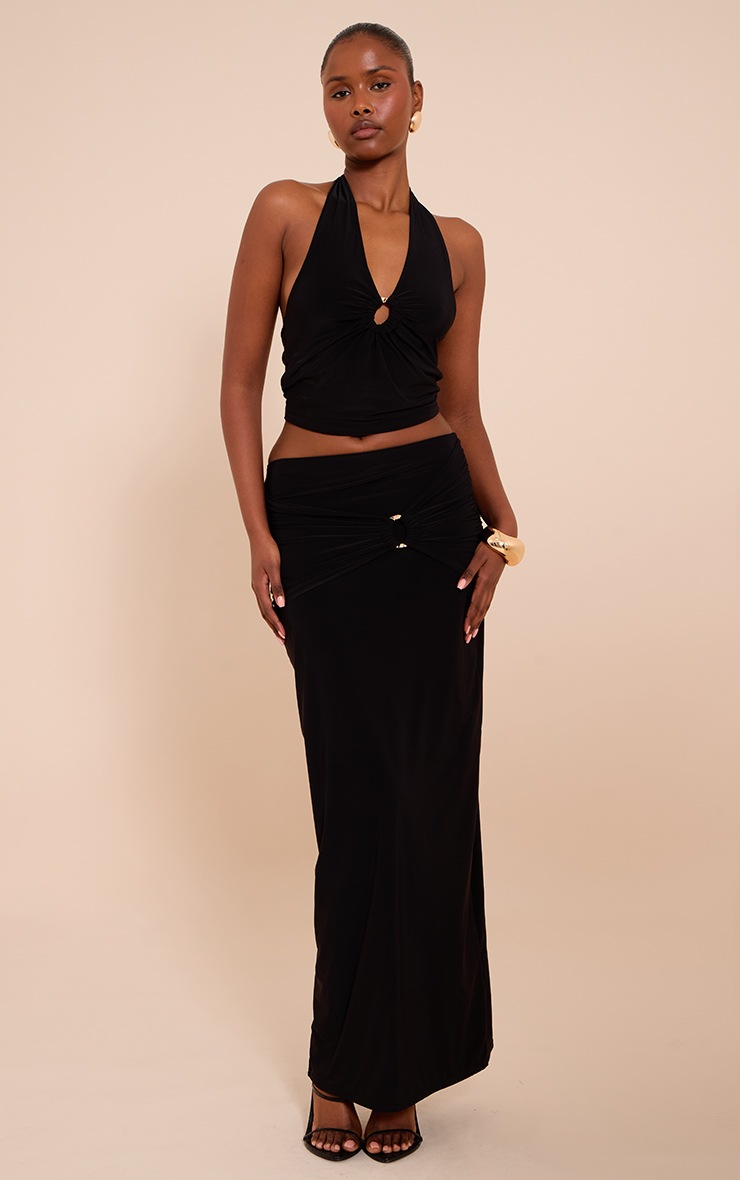 Pretty Little Thing Black Ruched Detail Flowy Maxi Skirt