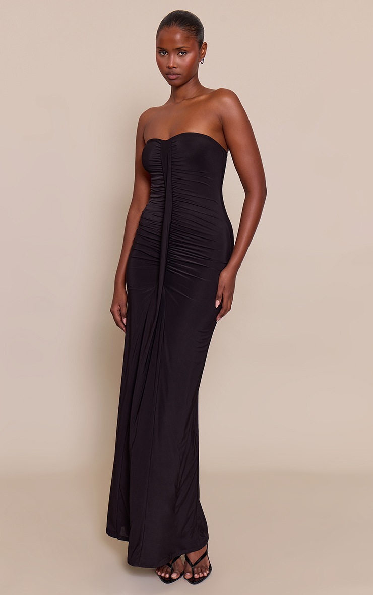 Pretty Little Thing Black Ruched Drape Detail Slinky Maxi Dress