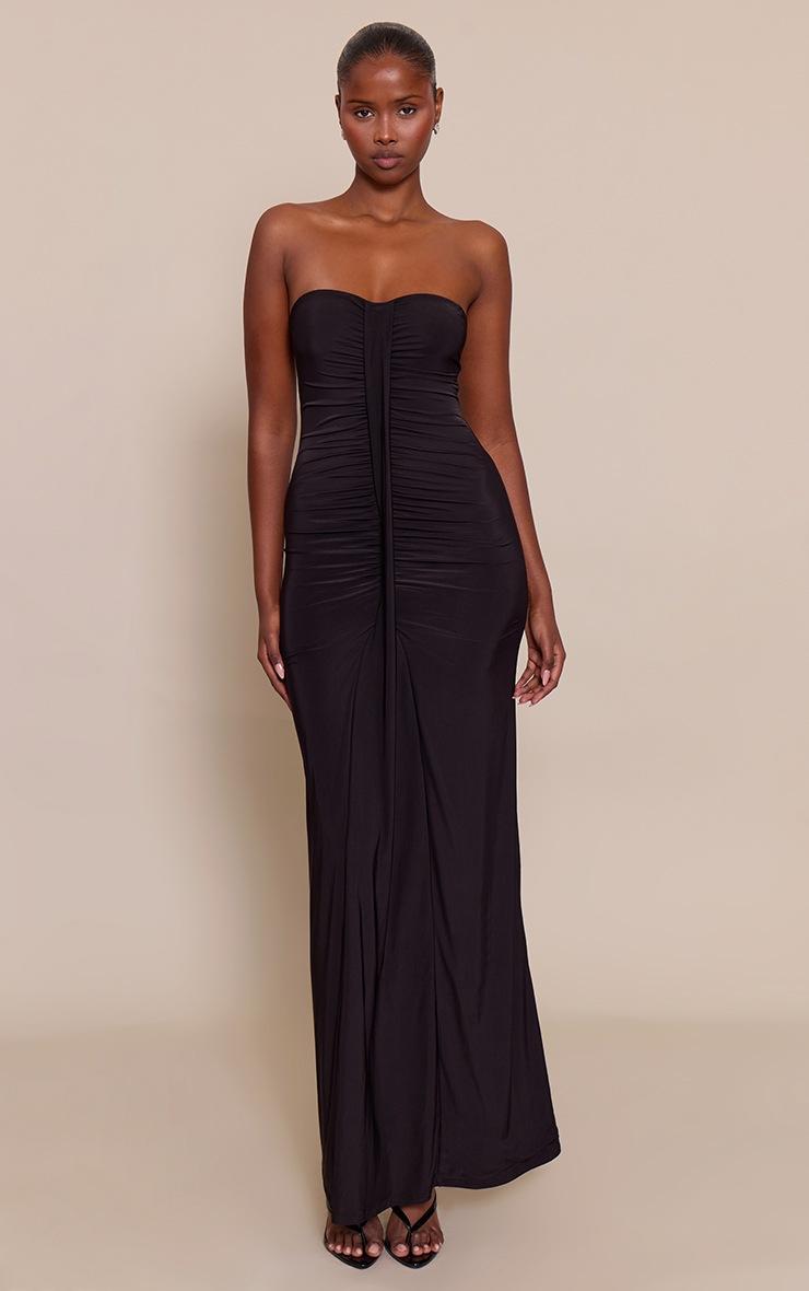Pretty Little Thing Black Ruched Drape Detail Slinky Maxi Dress