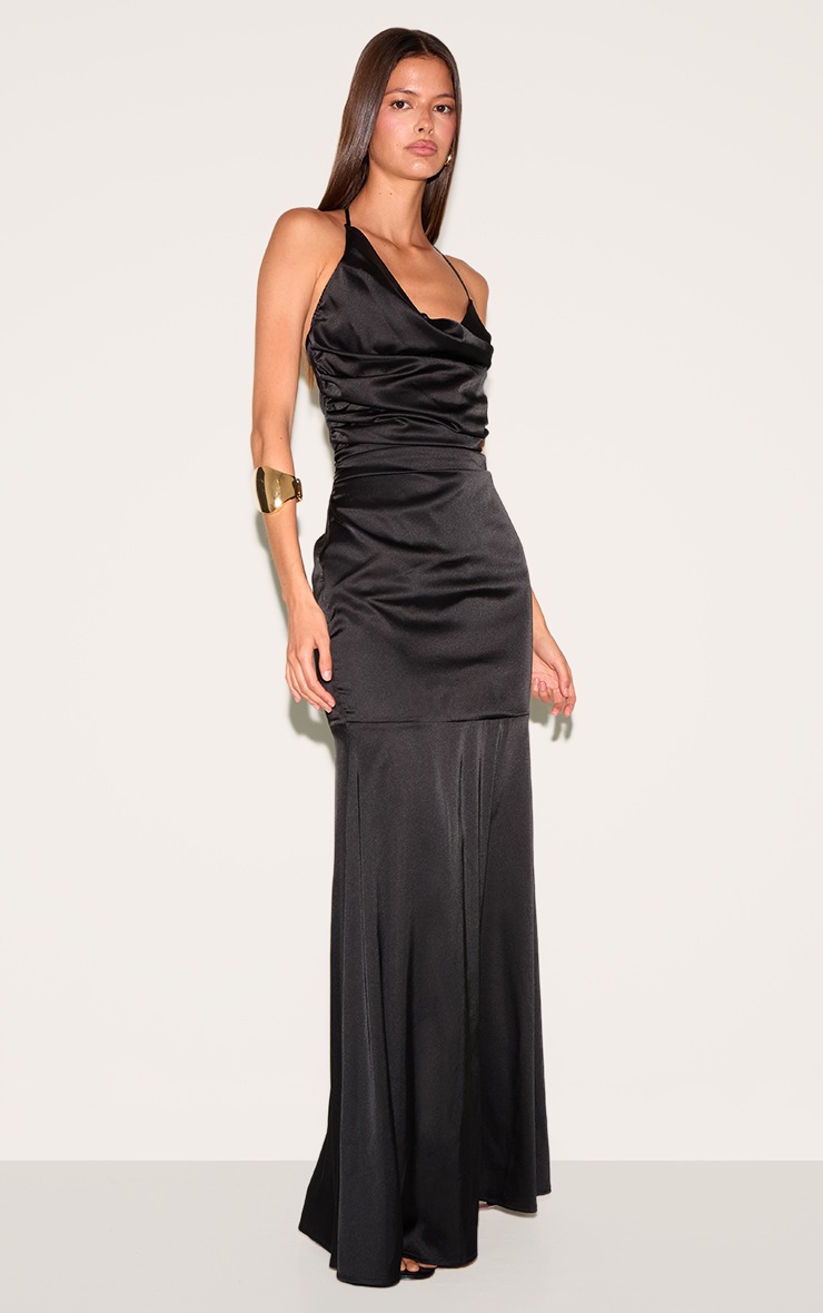 Pretty Little Thing Black Satin Asymetric Drape Maxi Dress
