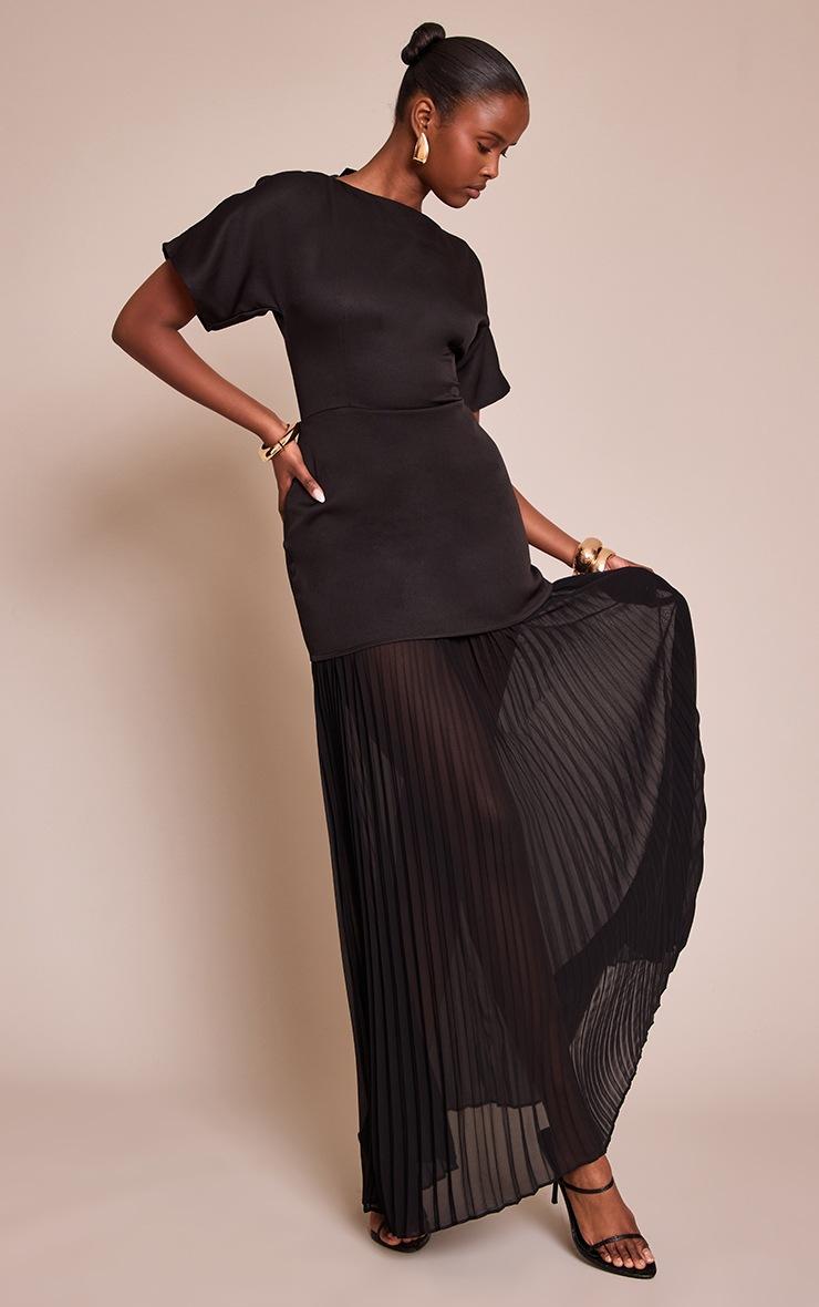 Pretty Little Thing Black Satin Back Tie Pleated Hem Maxi Dress