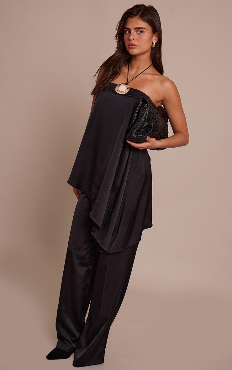 Pretty Little Thing Black Satin Bandeau Asymmetric Hem Floaty Long Top