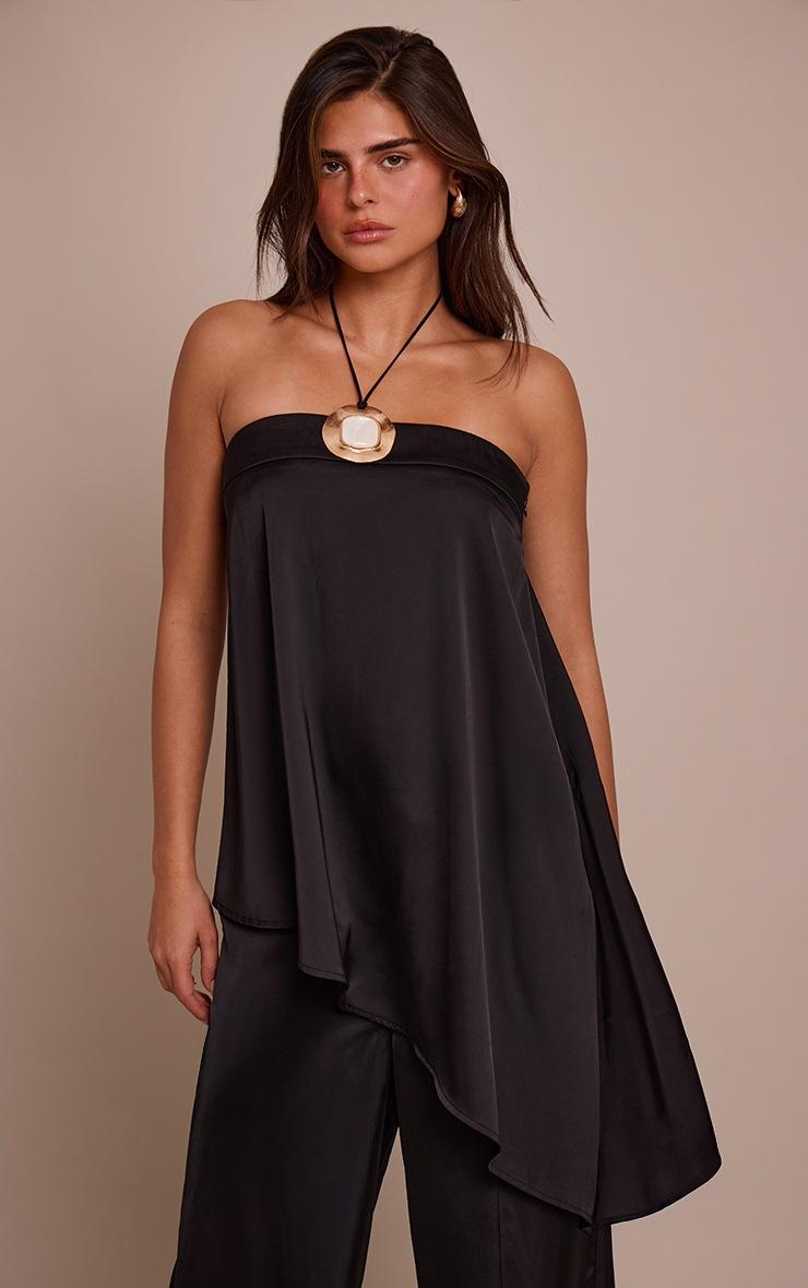 Pretty Little Thing Black Satin Bandeau Asymmetric Hem Floaty Long Top