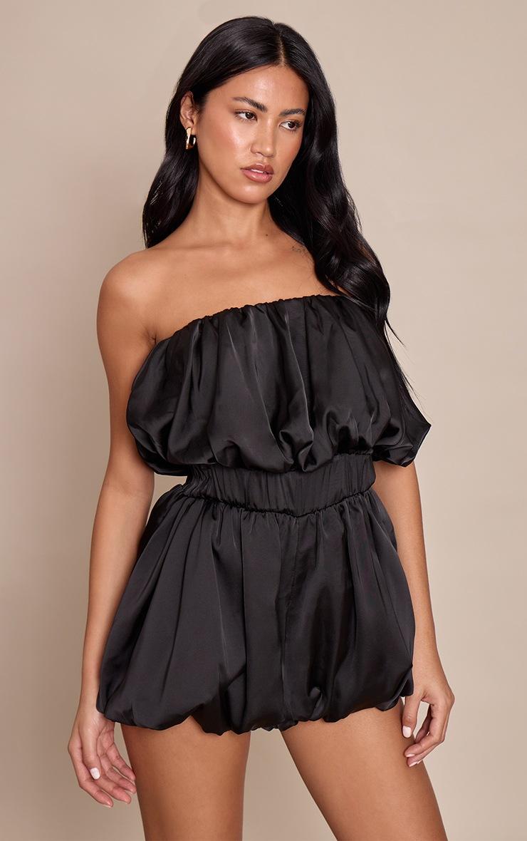 Pretty Little Thing Black Satin Bandeau Puff Romper