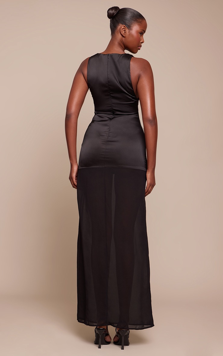 Pretty Little Thing Black Satin Boat Neck Chiffon Detail Maxi Dress