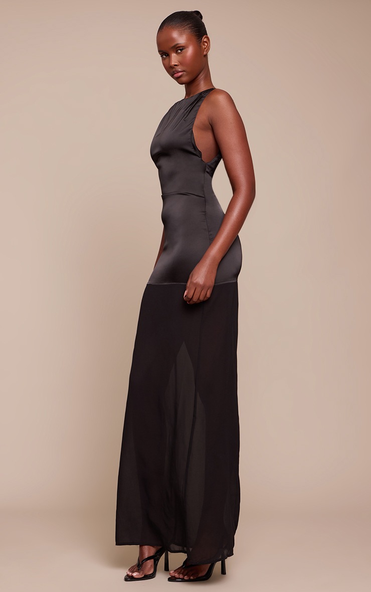 Pretty Little Thing Black Satin Boat Neck Chiffon Detail Maxi Dress