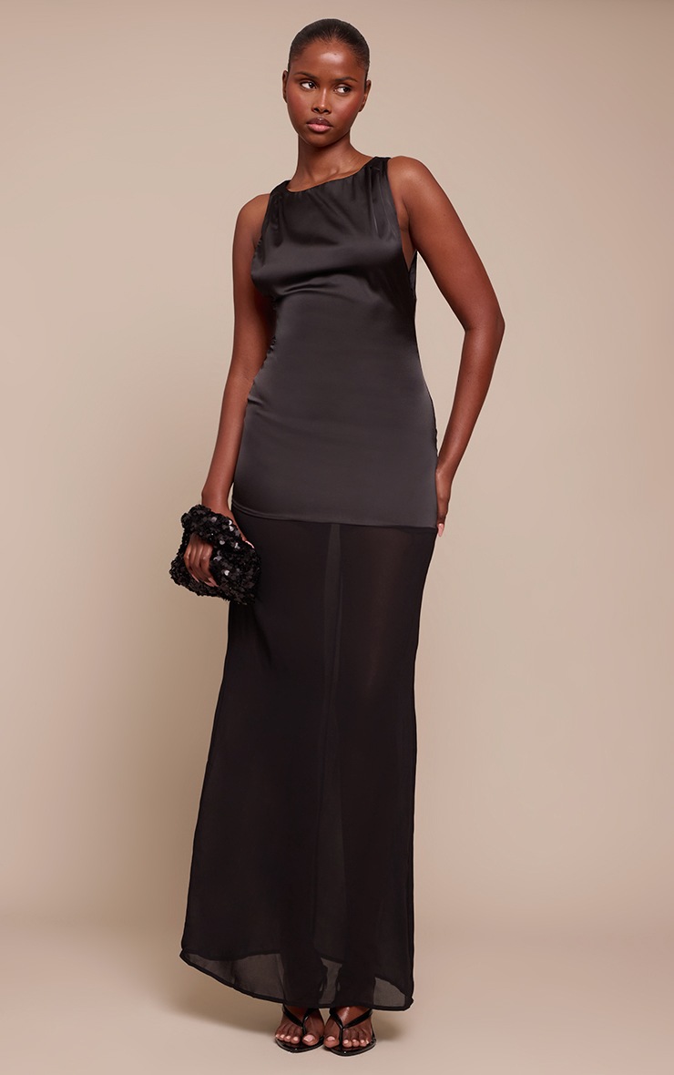 Pretty Little Thing Black Satin Boat Neck Chiffon Detail Maxi Dress