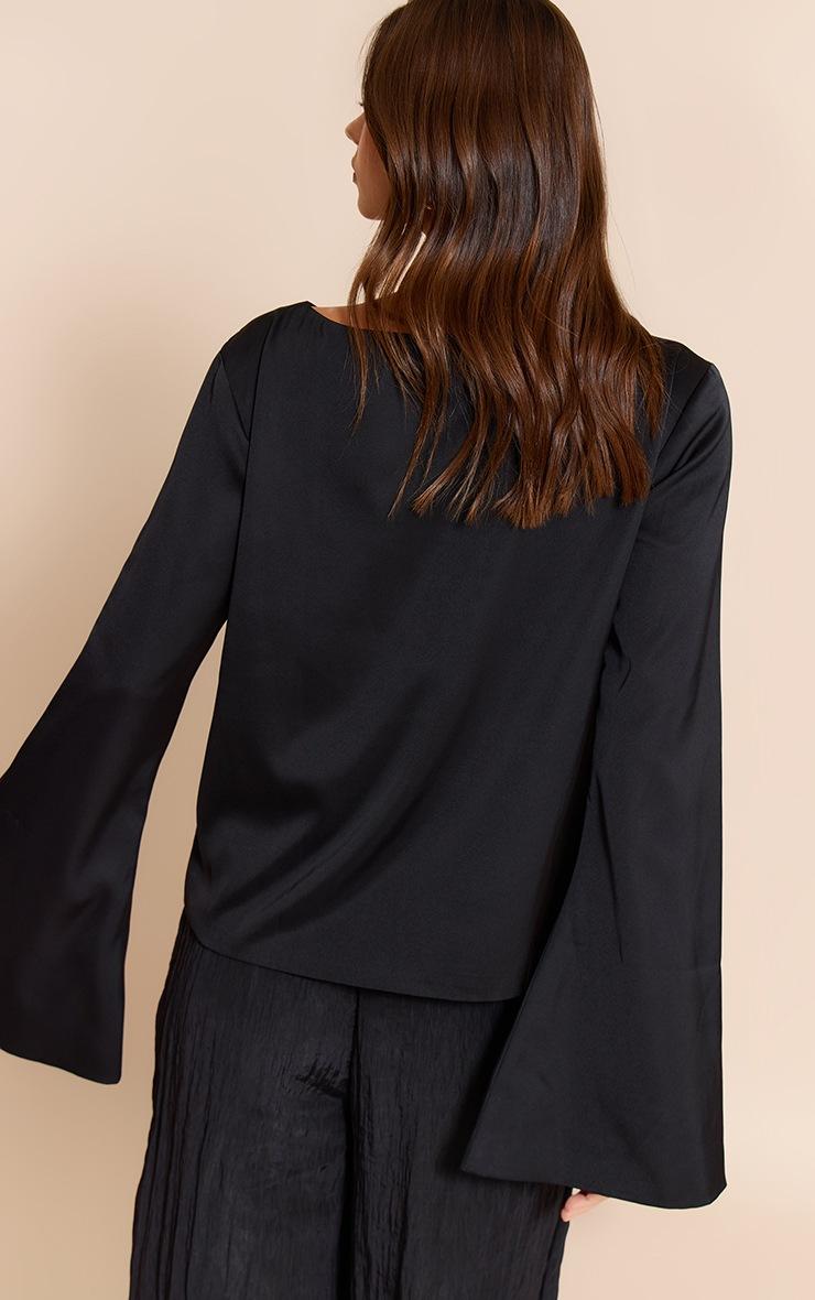 Pretty Little Thing Black Satin Boat Neck Flare Sleeve Top