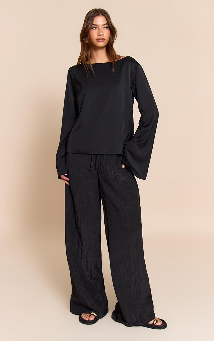 Pretty Little Thing Black Satin Boat Neck Flare Sleeve Top