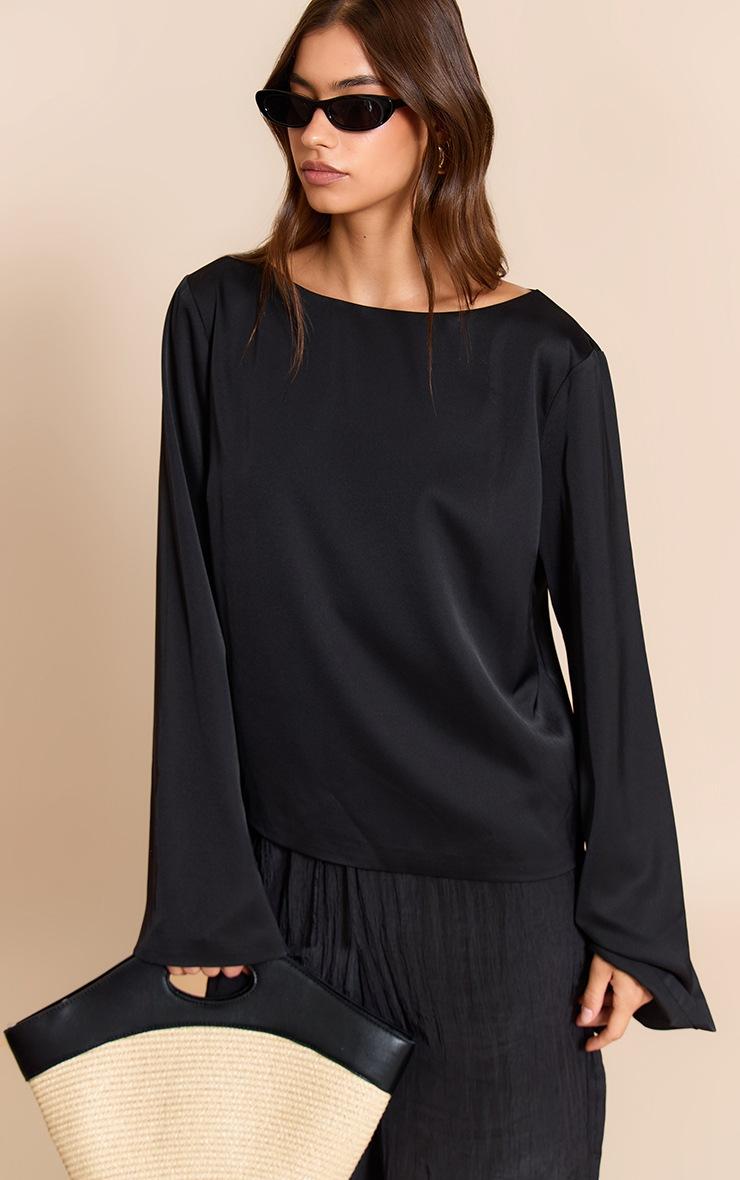 Pretty Little Thing Black Satin Boat Neck Flare Sleeve Top