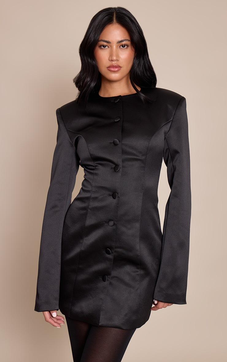 Pretty Little Thing Black Satin Button Long Sleeve Blazer