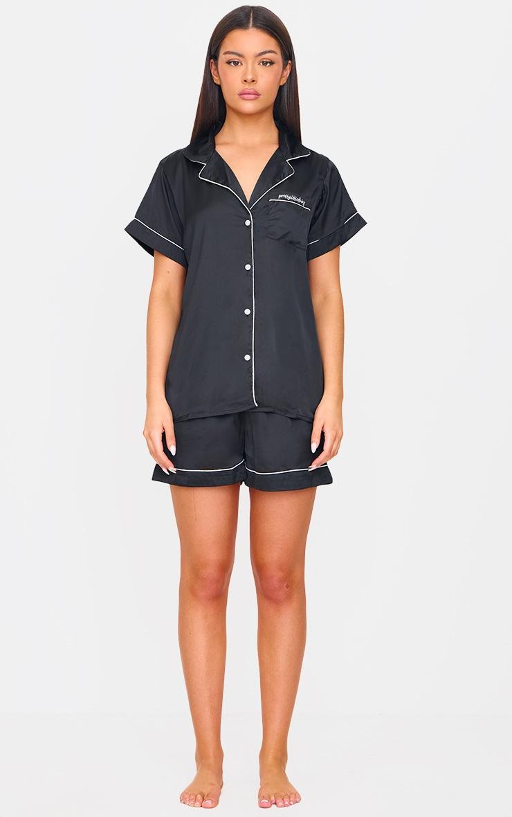Pretty Little Thing Black Satin Contrast Piping Short Pj Set