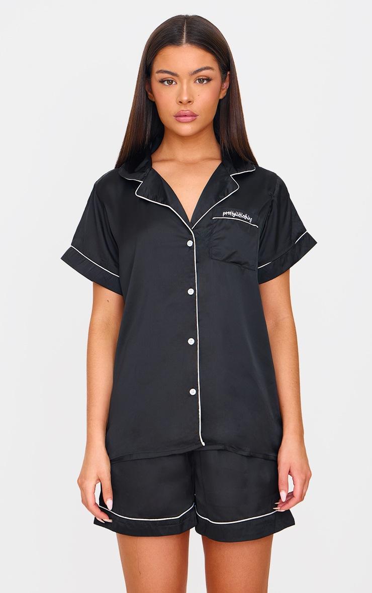 Pretty Little Thing Black Satin Contrast Piping Short Pj Set