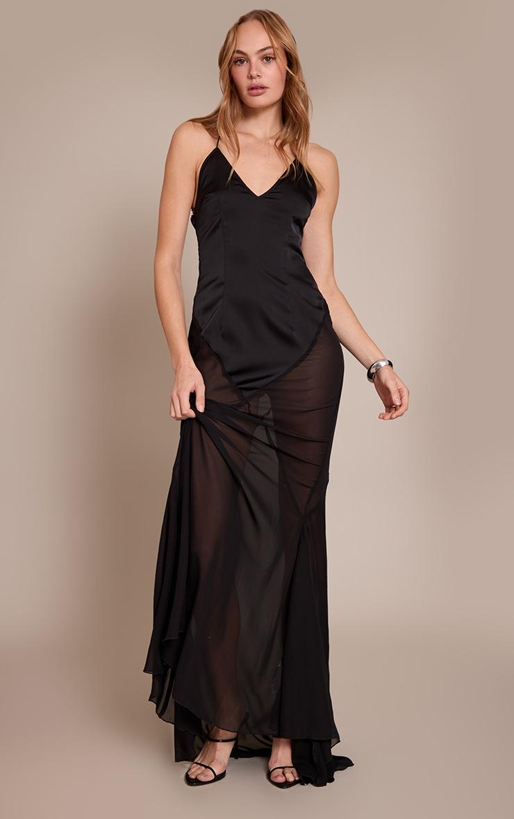 Pretty Little Thing Black Satin Contrast V Neck Maxi Dress