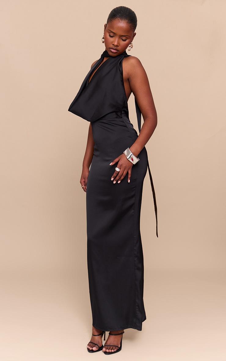 Pretty Little Thing Black Satin Cowl Neck Drape Maxi Dress