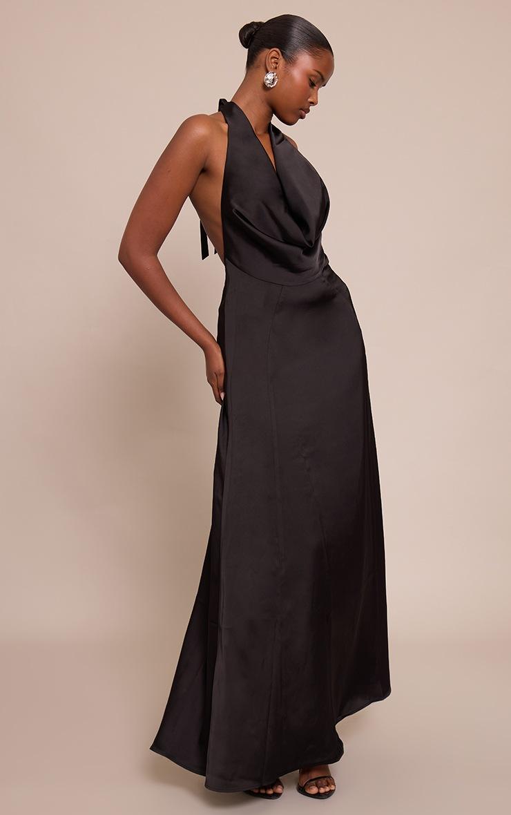 Pretty Little Thing Black Satin Cowl Neck Maxi Shift Dress