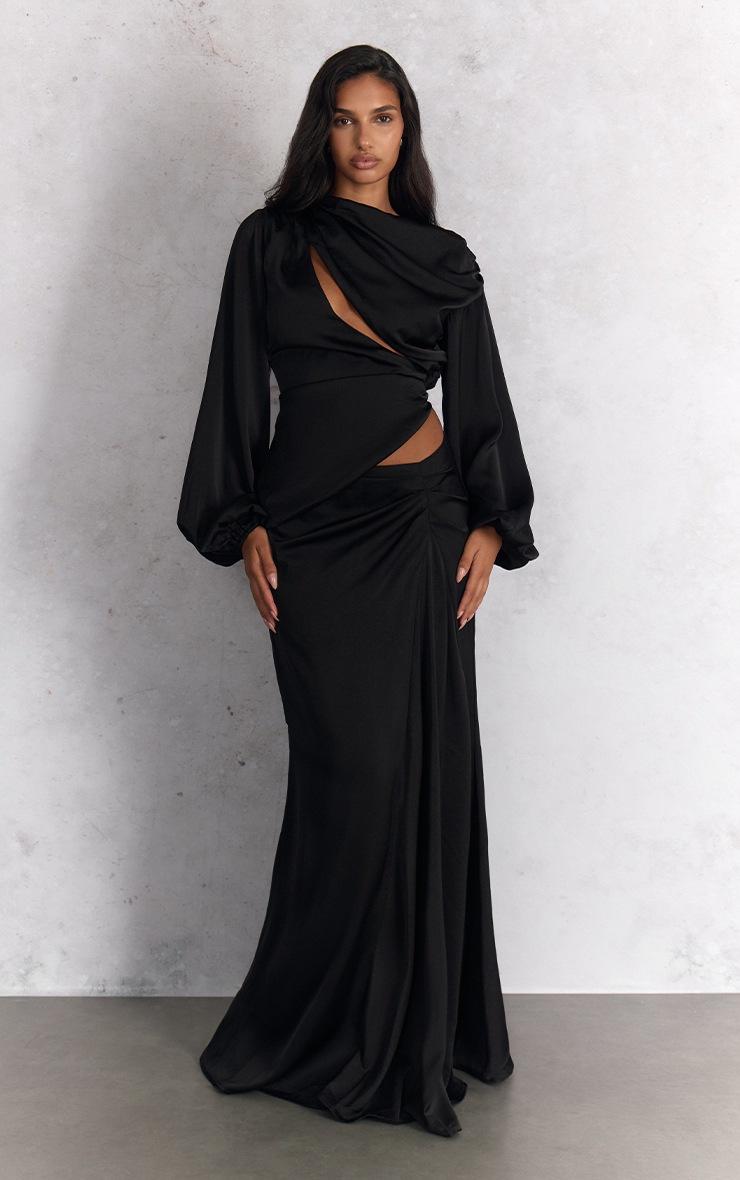 Pretty Little Thing Black Satin Cut Out Long Sleeve Blouse