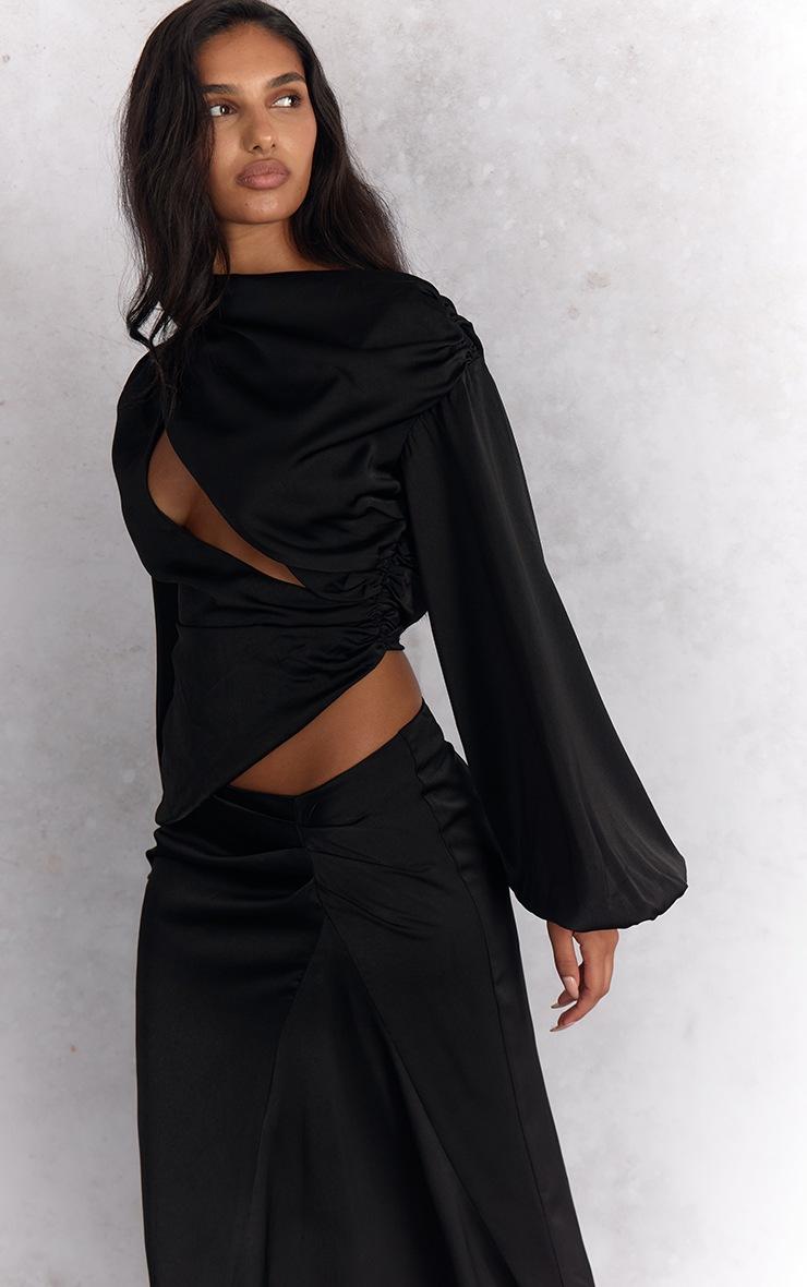 Pretty Little Thing Black Satin Cut Out Long Sleeve Blouse