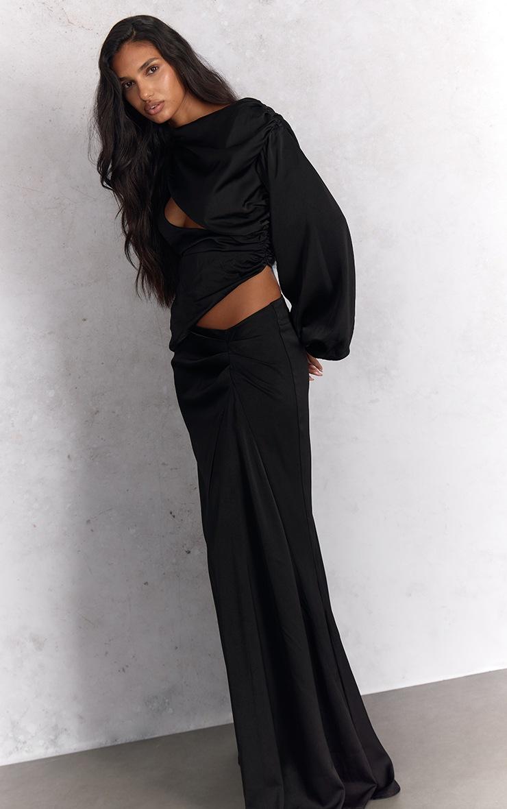 Pretty Little Thing Black Satin Dipped Waist Maxi Skirt