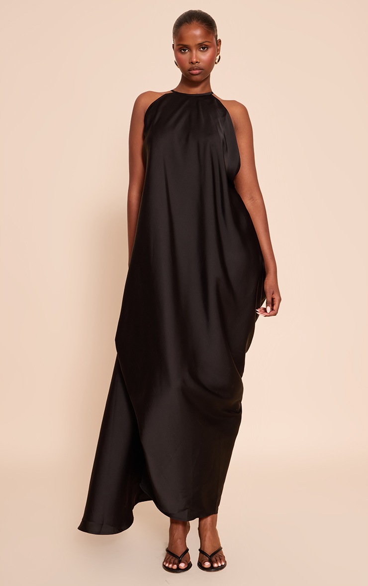 Pretty Little Thing Black Satin Drape Back Detail Maxi Dress