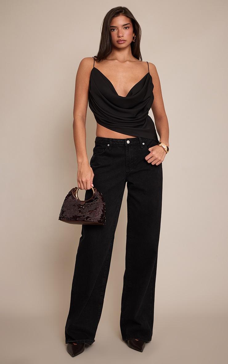 Pretty Little Thing Black Satin Drape Plunge Cowl Top