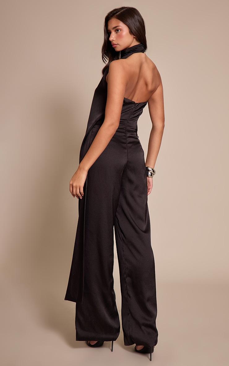 Pretty Little Thing Black Satin Drape Wide Leg Jumpsuit