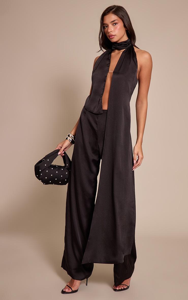 Pretty Little Thing Black Satin Drape Wide Leg Jumpsuit