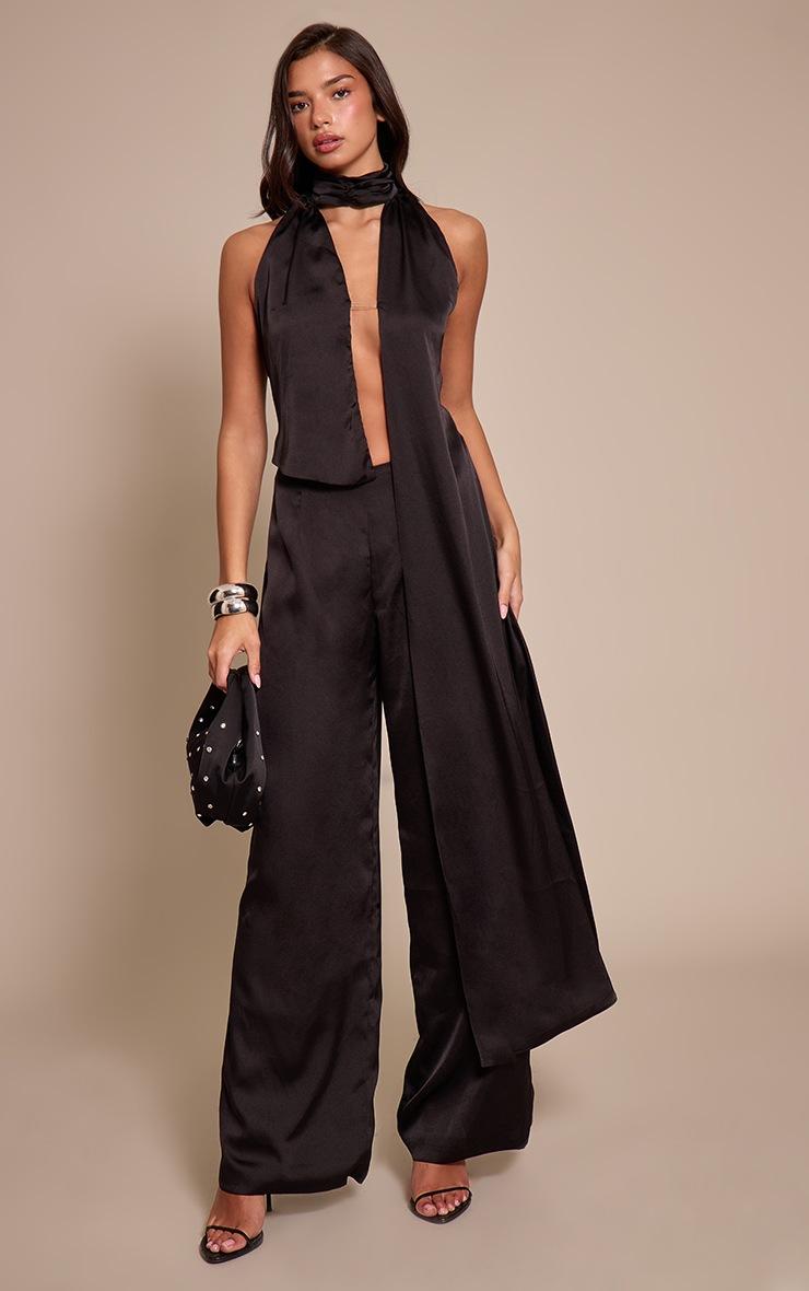 Pretty Little Thing Black Satin Drape Wide Leg Jumpsuit