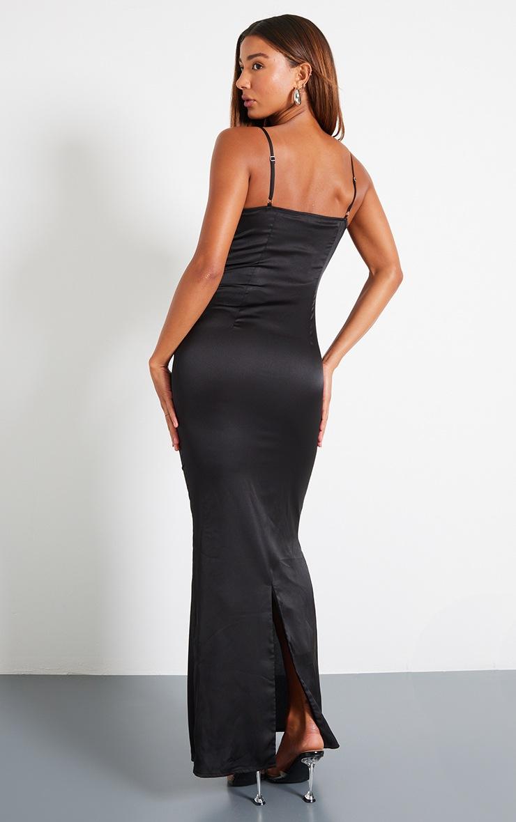 Pretty Little Thing Black Satin Floral Applique Underwired Strappy Maxi Dress