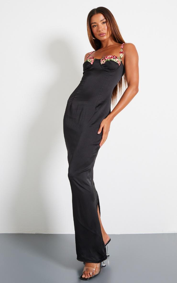 Pretty Little Thing Black Satin Floral Applique Underwired Strappy Maxi Dress