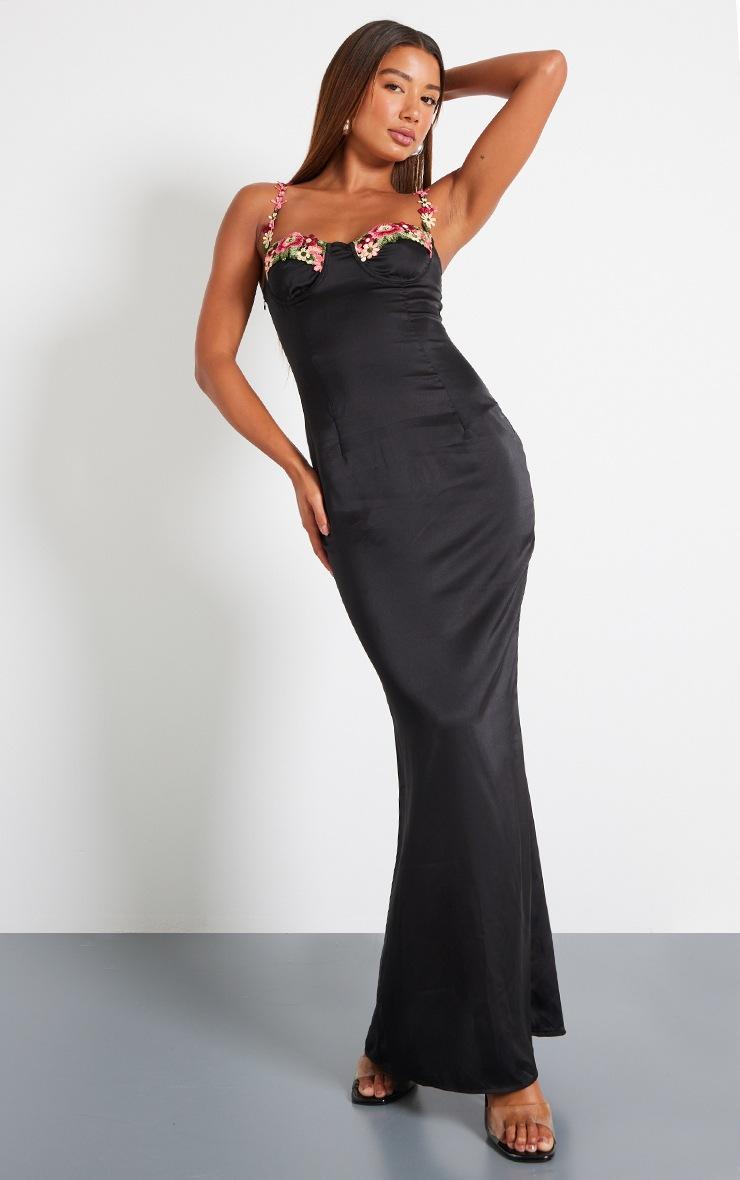 Pretty Little Thing Black Satin Floral Applique Underwired Strappy Maxi Dress
