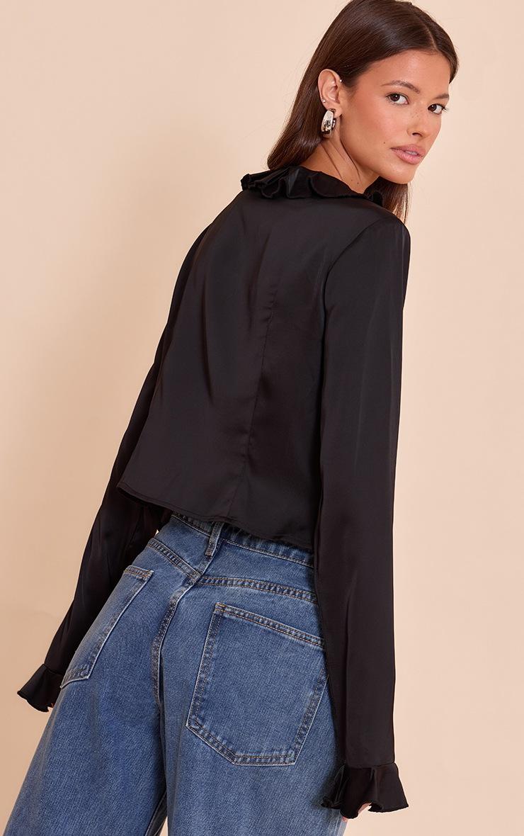 Pretty Little Thing Black Satin Frill Tie Front Long Sleeve Top