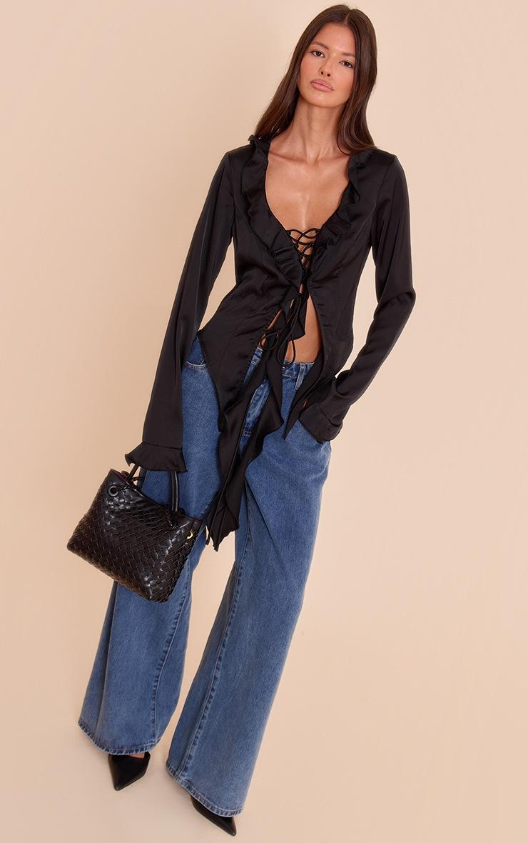 Pretty Little Thing Black Satin Frill Tie Front Long Sleeve Top