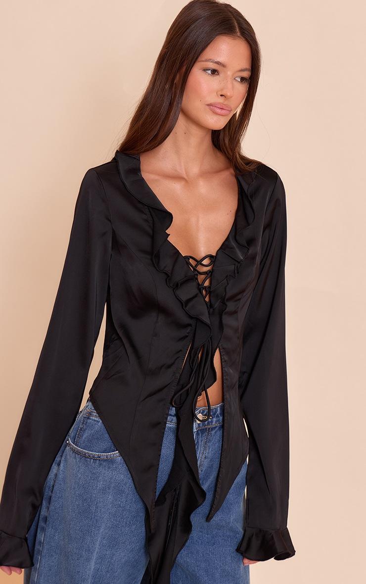 Pretty Little Thing Black Satin Frill Tie Front Long Sleeve Top