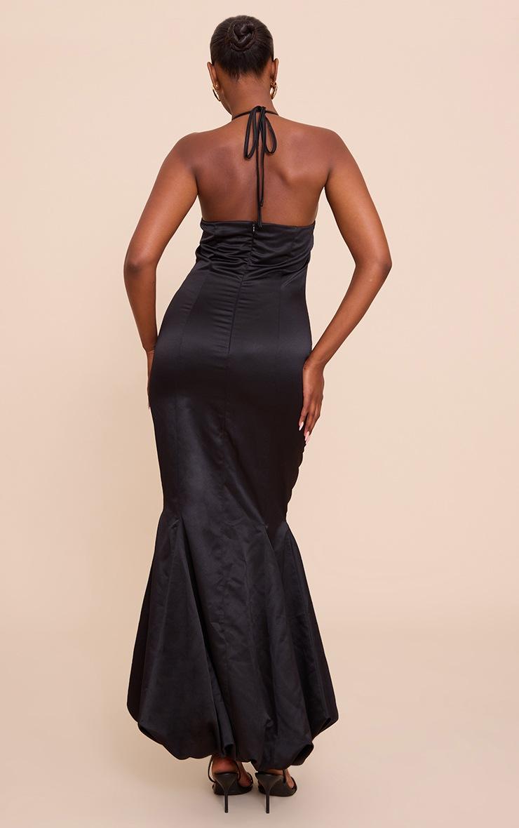 Pretty Little Thing Black Satin Halterneck Puffball Maxi Dress