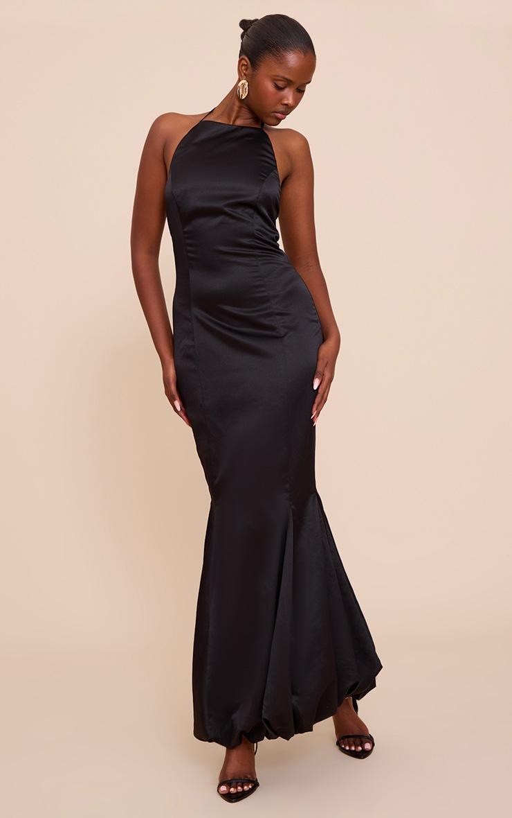 Pretty Little Thing Black Satin Halterneck Puffball Maxi Dress