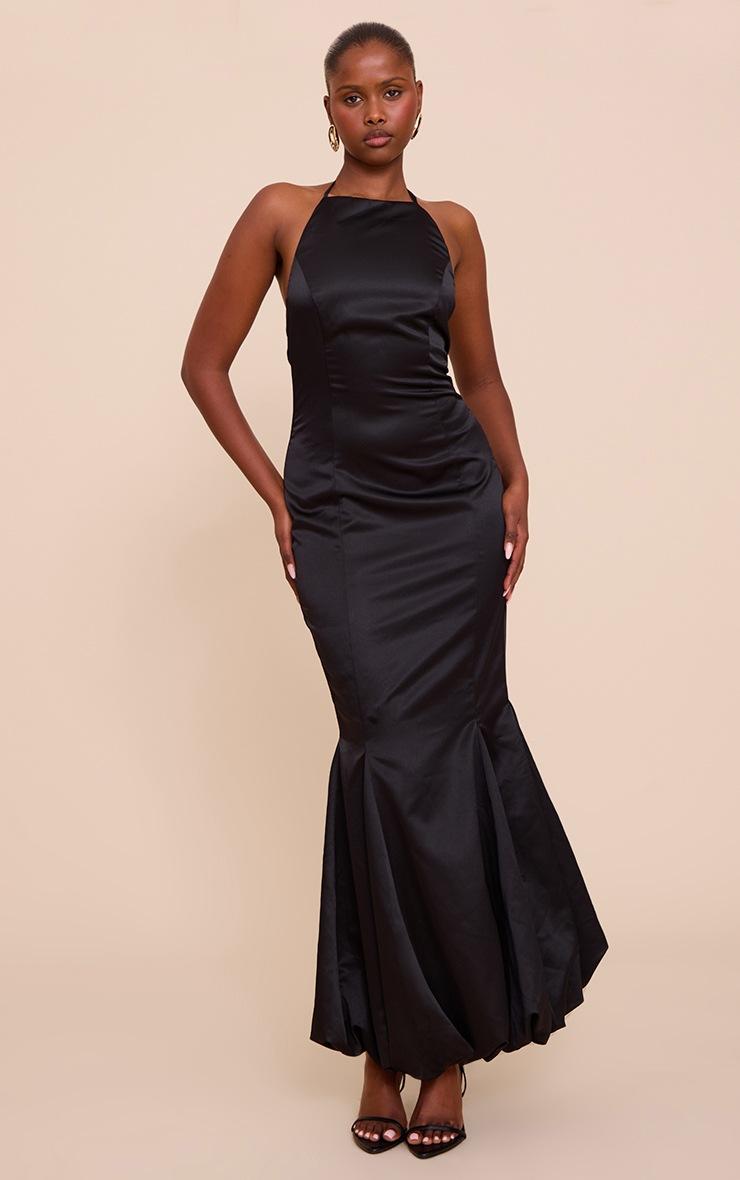 Pretty Little Thing Black Satin Halterneck Puffball Maxi Dress