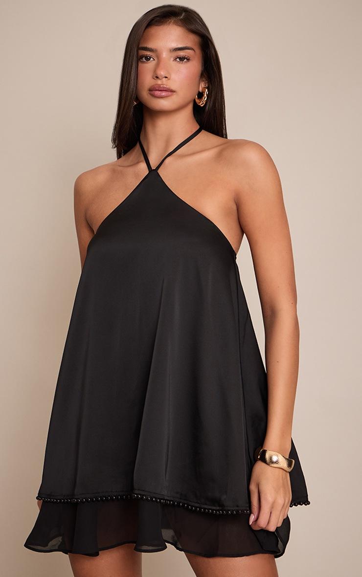 Pretty Little Thing Black Satin Halterneck Smock Mini Dress