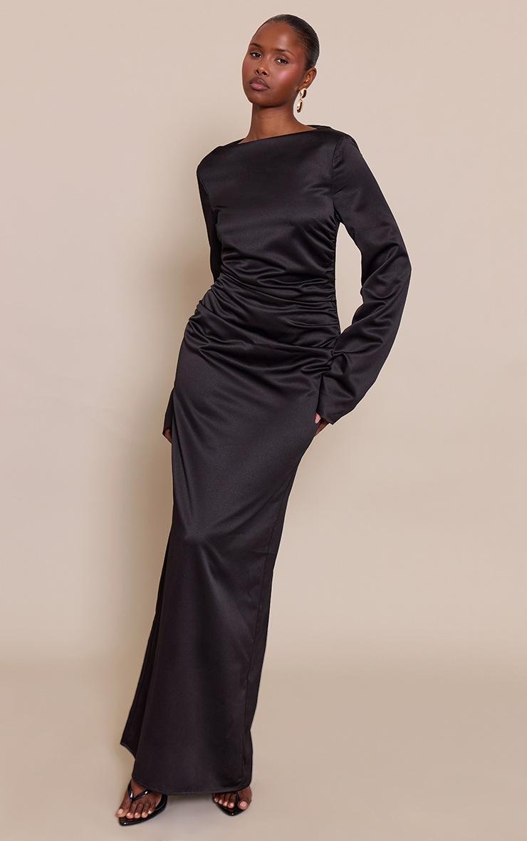 Pretty Little Thing Black Satin High Neck Flared Sleeve Maxi Dress