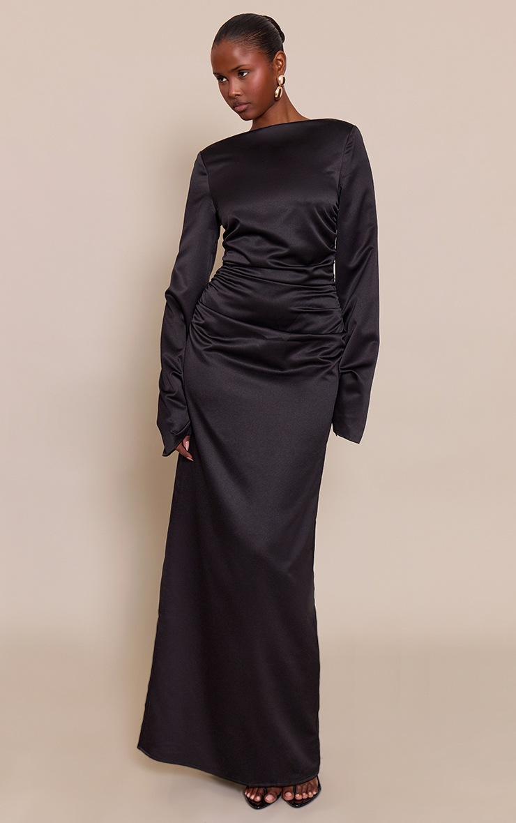 Pretty Little Thing Black Satin High Neck Flared Sleeve Maxi Dress