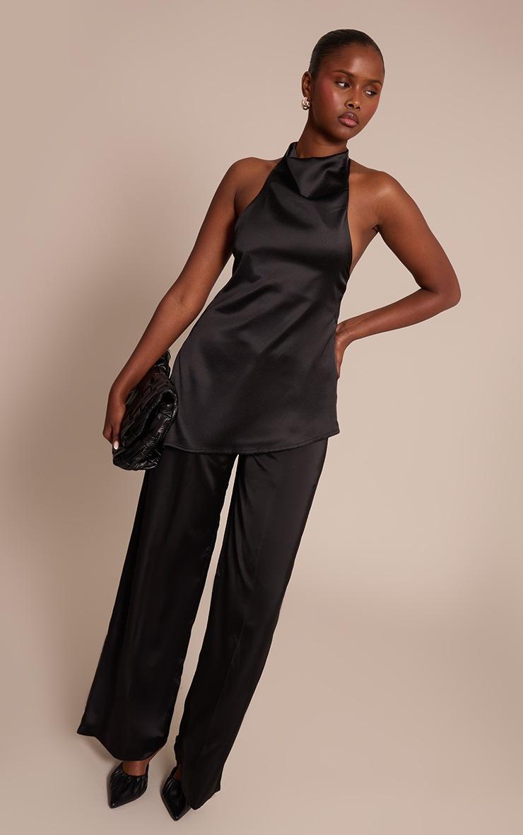 Pretty Little Thing Black Satin High Neck Scoop Back Drape Top