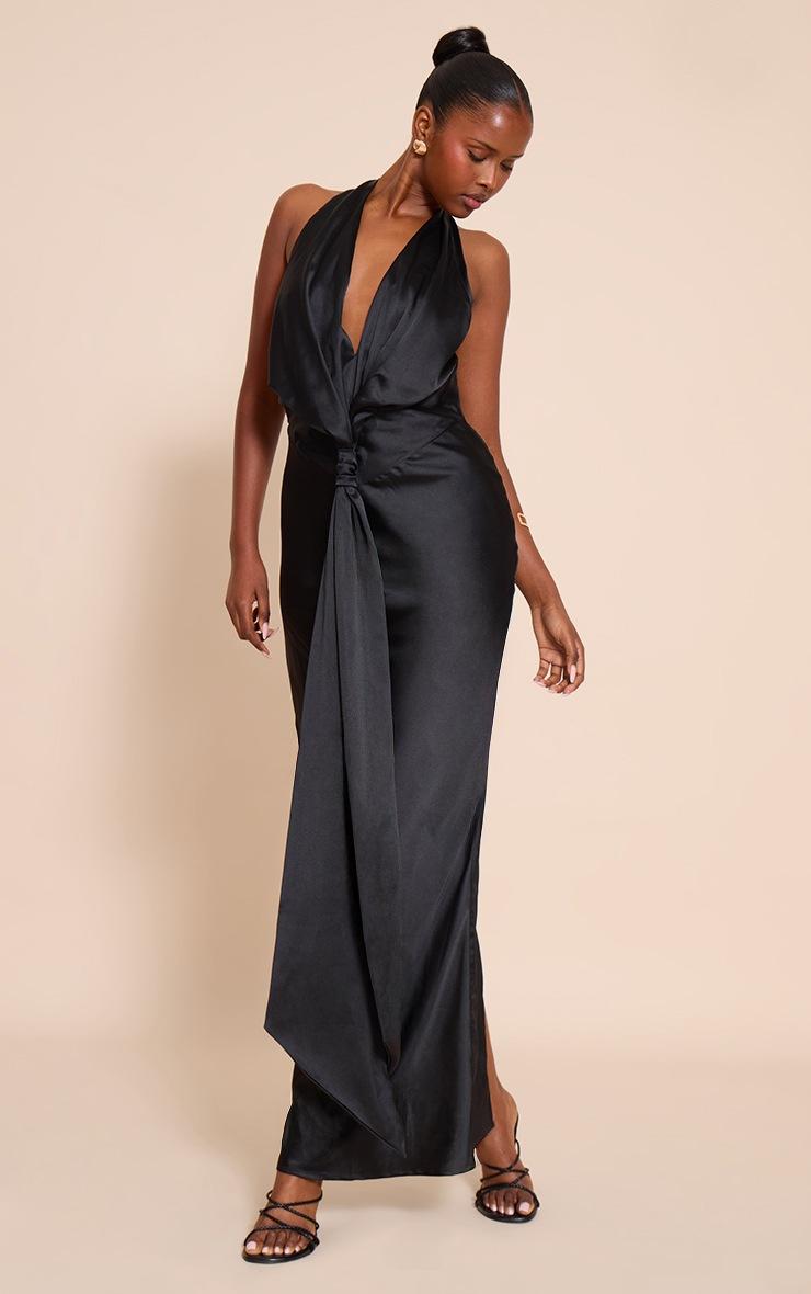 Pretty Little Thing Black Satin Knot Detail Maxi Dress