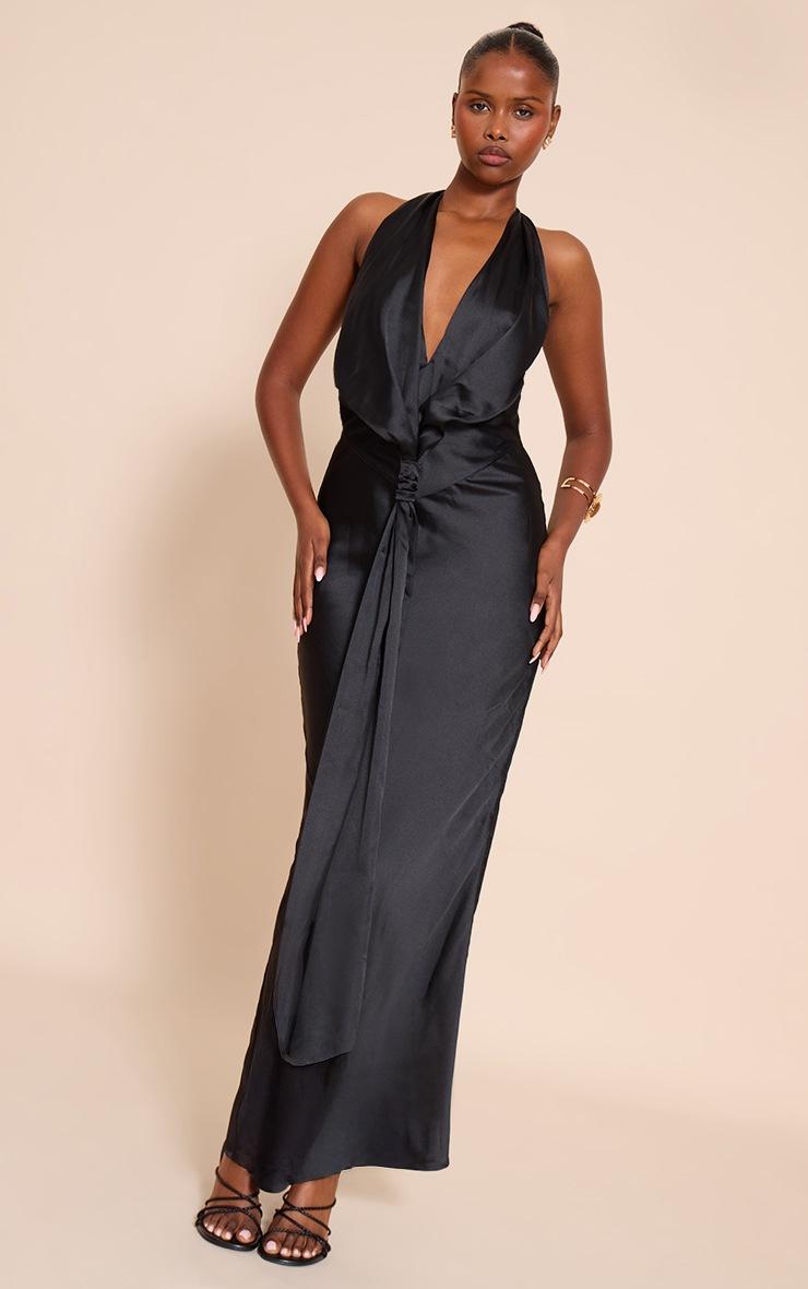 Pretty Little Thing Black Satin Knot Detail Maxi Dress