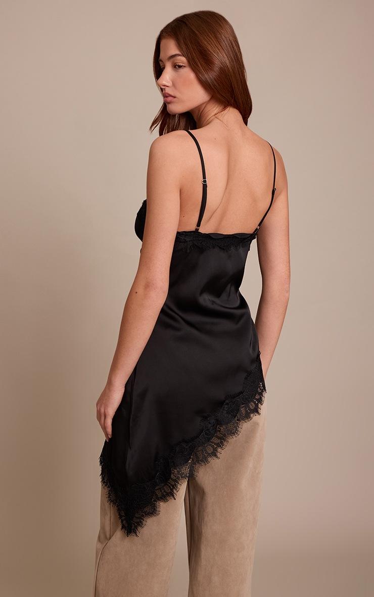Pretty Little Thing Black Satin Lace Detail Asymmetric Long Top